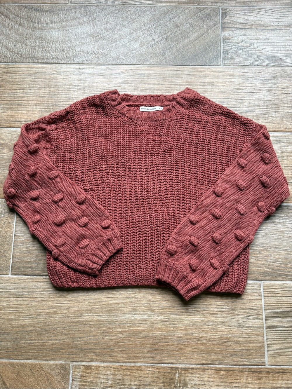 moon & madison Rust Textured Popcorn Puff Sleeve Crewneck Crop Sweater Sz X-Sm